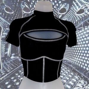New XS Black Mock Neck Cutout Crop Top White Stitching Short‎ Sleeve Y2k Goth